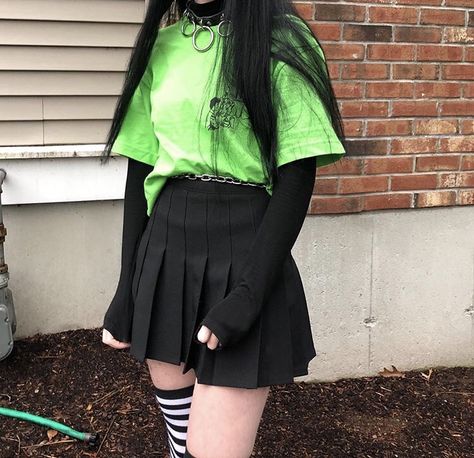 Green Grunge Outfit, E Girl Style, E Girl Outfits, Egirl Outfits, Outfits Edgy, Alt Outfits, Model Outfit, E Girl, Punk Outfits