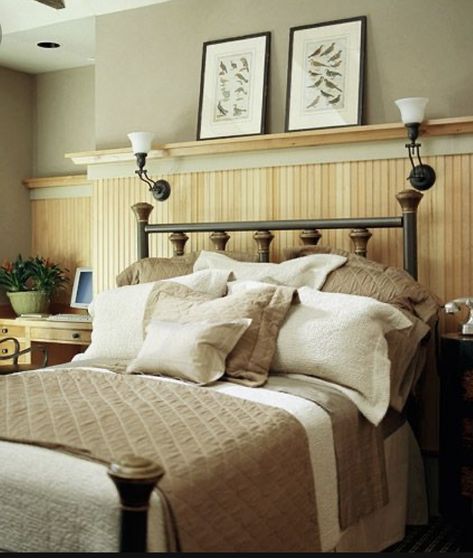 Wainscoting Styles Bedroom, Wayne’s Coating Bedroom Wall, Shiplap Wainscoting Bedroom, Shiplap Wainscoting Ideas, Half Wood Panel Walls Bedroom, Beadboard Wainscoting Bedroom, Shiplap With Wainscoting, Wainscoting Bedroom Master Feature Walls Ideas, Cottage Wainscoting