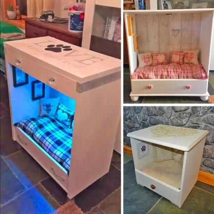 Diy Dog Bed From Dresser Old Drawers, Dog Bed Diy Furniture, Upcycled Dog House, Hidden Dog Bed Ideas, Pet Bed From End Table, Nightstand Cat Bed, Dresser Cat House, Dog Bed From Dresser, Dogs Beds Ideas