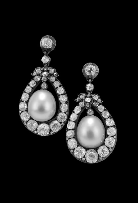 A pair of Belle Epoque gold, silver, old-cut diamond and South Sea cultured pearl earrings, circa 1900. Vintage Pearl And Diamond Earrings, Victorian Pearl Earrings, Antique Pearl Earrings, Wedding Rings Silver, Tiaras Jewellery, Victorian Earrings, Pearl Jewels, Edwardian Jewelry, Silver Diamond Ring