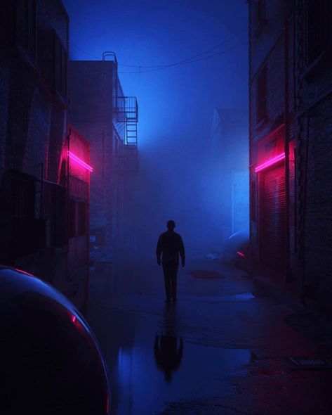 Neon noir aesthetics are 🖤💜 Do you have lovely movies or games with the same aesthetics? My favorite is “Drive”. Art by @gviotto_  Tags for… Noir Aesthetic, Alley Way, Neon Noir, Behind Blue Eyes, Red Neon, New Retro Wave, Neon Nights, Cyberpunk Aesthetic, Cyberpunk City