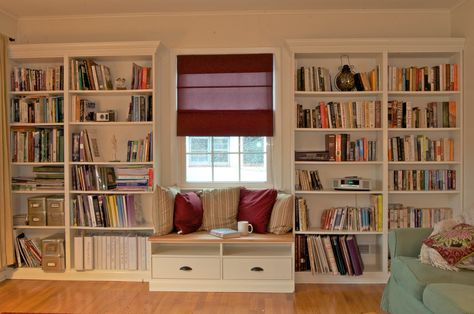 This is the idea for our downstairs library, but with the window-seat being also a pull-out bed!  IKEA Hackers Ikea Billy Hack, Bookcase Plans, Cool Bookshelves, Ikea Bookshelves, Ikea Billy Bookcase, Ikea Billy, Billy Bookcase, Ikea Hackers, Wall Bookshelves