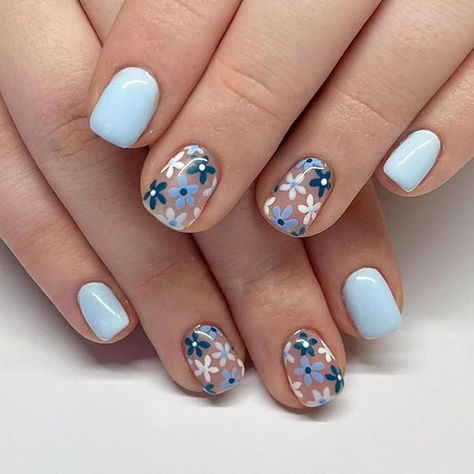 24Pcs Spring Light Blue Press on Nails Short Square - WLGDLH Fake Nails Flower False Nails Press ons with Elegant Blue Flowers Design Nail Tips Full Cover Acrylic Nails Art Kit for Women Manicure Light Blue Nails With Flowers, Ongles Baby Blue, Square Press On Nails, Nails Flower, Light Blue Nails, Baby Blue Nails, Spring Light, Nails Press, Flower Nail Designs