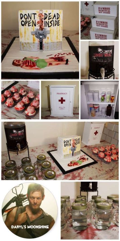 Walking Dead Birthday Party, Zombie Party Ideas, Walking Dead Birthday, Zombie Apocalypse Party, Apocalypse Party, Zombie Halloween Party, Brain Cupcakes, Walking Dead Cake, Walking Dead Party