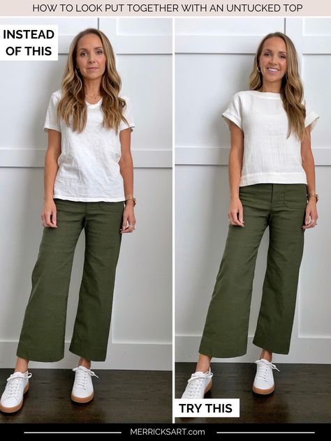 How to Look Put Together With an Untucked Top - Merrick's Art Cute Ways To Wear Work Tshirts, Basic Teacher Wardrobe, Casual Tee Shirt Outfit, Work Outfits With Tshirts, No Tuck In Outfit Women, Untucked Shirt Women Work Outfits, How To Wear Crop Tops, How To Wear Tshirt, Untucked Shirt Outfit Women