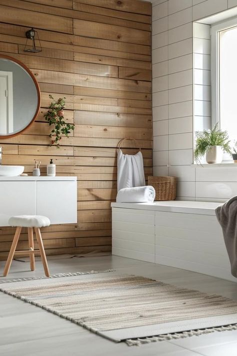 Fresh Shiplap Bathroom Wall Ideas for Your Home Wood Wall Bathroom Modern, Bathroom Wall Ideas Wood, Wood In Bathroom Wall, Bathroom With Wood Accent Wall, Wood Paneling Bathroom Wall, Bathroom With Shiplap Accent Wall, Wood Walls Bathroom, Bathroom Wall Treatments, Bathroom Shiplap Wall