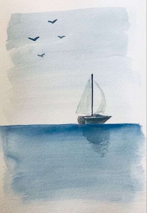 Sea Boat Watercolor Painting, Sailboat Watercolor Painting Easy, Sailboat Watercolor Easy, Watercolor Art Beach Simple, Watercolor Boat Painting Easy, Watercolour Ideas Easy, Beach Watercolor Paintings Simple, Watercolor Sailboat Simple, Landscape Watercolor Easy