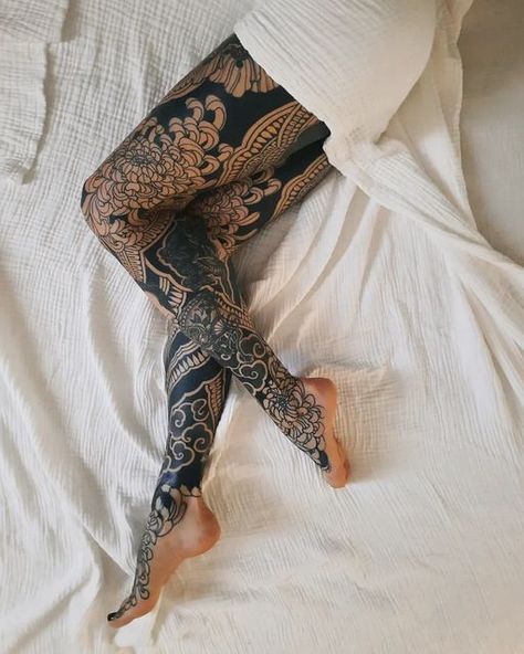 Tattoed Legs Woman, Leg Blackout Tattoo, Blackout Legs Tattoo, Black Out Leg Tattoo, Ornamental Tattoo Leg, Ornamental Leg Sleeve, Bohemian Tattoo Ideas, Whole Leg Tattoo Female, Leg Sleeve Women