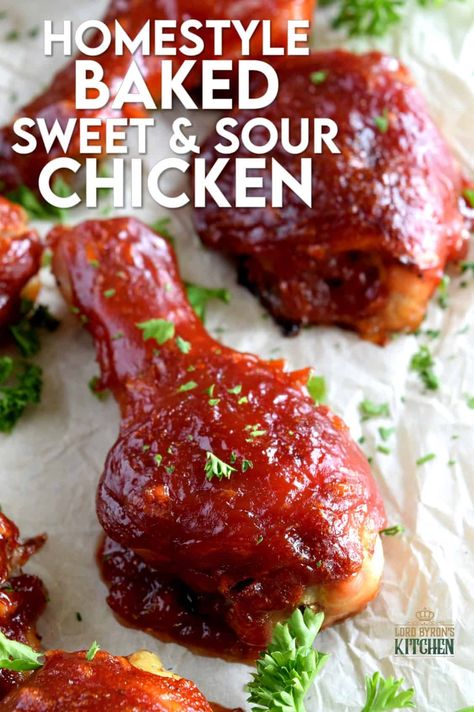 Homestyle Baked Sweet and Sour Chicken is not only easy and inexpensive, it's also super moist, tender, and delicious. Drumsticks and thighs are drenched in a thick and glossy homemade sauce! Sweet And Sour Chicken Wings Baked, Sweet And Sour Chicken Wings, Baked Sweet And Sour Chicken, Easy Suppers, Hawaiian Foods, Honey Garlic Chicken Wings, Game Hens, Garlic Chicken Wings, Sweet And Sour Chicken