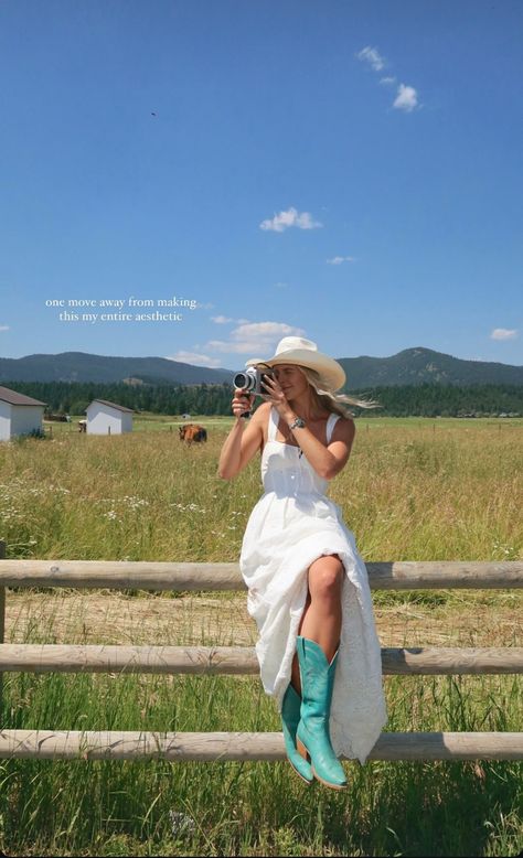 Instagram credit: @amelia.edmondson Yellowstone Chic Outfit, 60s Country Aesthetic, Montana Spring Outfits, Cowgirl Boots Dress Outfit, Coastal Country Outfit, Tecovas Outfit, Country Outfit Aesthetic, Farm Wife Aesthetic, Farm Chic Outfit