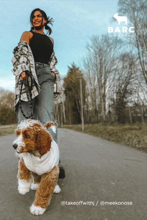 Fashion photo out on a spring dog walk with Australian Labradoodle in cream dog puffer jacket and stylish owner. Walking Dog Photoshoot, Dog Park Photoshoot, Photoshooting Dog Girl, Dog Pictures With Owners, Dog Photoshoot Ideas With Owner, Pose With Dog, Poses With Dogs, Photography With Dogs, Dog Owner Photoshoot