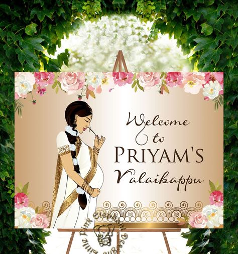 Welcome Board For Seemantham, Welcome Board With Photo, Seemantham Name Board, Seemantham Welcome Board, Baby Shower Welcome Board, Indian Baby Showers, Indian Baby, Name Boards, Wedding Stage Design