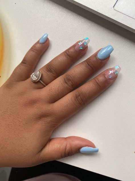 Nail Ideas Butterflies Blue, Baby Blue Butterfly Nails, Blue Butterfly Nails, Baby Blue Butterfly, Grad Nails, Quince Nails, Hoco 2024, Blue Quince, Light Blue Nails