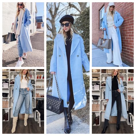 Meagan Brandon of Meagan's Moda shares five ways to wear a baby blue coat for spring, pastel coat Long Blue Coat Outfit Winter, Pale Blue Coat Outfit, Blue Winter Jacket Outfit, Light Blue Coat Outfit Winter, Baby Blue Jacket Outfit, Light Blue Trench Coat Outfit, Blue Wool Coat Outfit, Blue Coat Outfits For Women, Baby Blue Coat Outfit