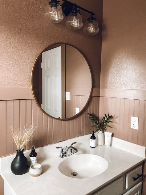 Moody Guest Bathroom Budget Renovation Modern Mocha Bathroom, 50s Inspired Bathroom, Dark Storm Cloud Behr, Dusty Rose Bathroom, Moody Guest Bathroom, Mauve Bathroom, Blush Bathroom, Seattle Slew, Tan Bathroom