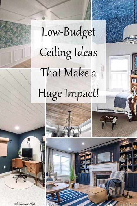 13 Low-Budget Ceiling Ideas That Will Make a Huge Impact | At Lane & High Ceiling Ideas Small Room, Remodel Ceiling Ideas, Old Drop Ceiling Makeover, Cost Effective Ceiling Ideas, Cool Ceiling Treatments, Low Budget Ceiling Ideas, Easy Cheap Ceiling Ideas Diy, Old House Ceiling Ideas, Ceiling Renovation Ideas