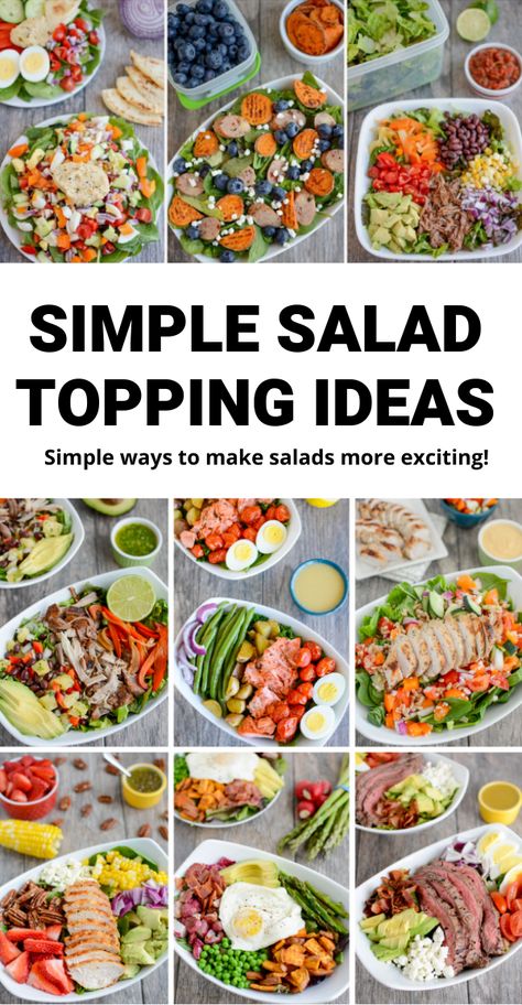 Looking for salad topping ideas? Here are lots of simple, easy ingredients you can use to boost the nutrition of your salad. Use them to add nutrients and flavor and to make your meals more exciting! Ingredients For Salads, Ingredients For Salads Healthy, Easy Salad Toppings, Healthy Salad Add Ins, Salad Base Ideas, Salad Mix Ins, Best Salad Ingredients, Things To Add To Salad, Salad Bar Luncheon Ideas