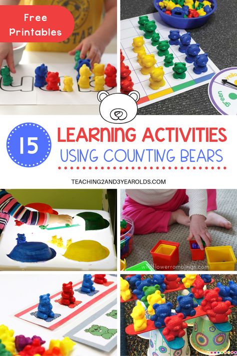 These counting bears activities are a fun way to introduce a variety of skills with preschoolers. Free educational printables included! #preschool #colors #math #literacy #finemotor #printables #sensory #STEM #science #countingbears #age3 #age4 #teaching2and3yearolds Counting Bears Printables Free, Montesorri Shelves, Counting Bears Activities, Bear Activities Preschool, Math Patterns Activities, Playdough Learning Activities, Preschool Maths, Bears Preschool, Bear Activities