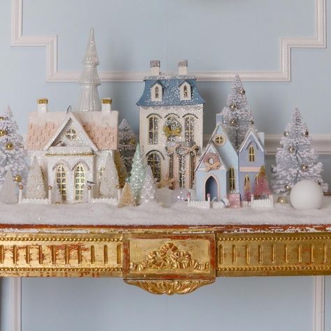 Christmas House Figurines, Putz Christmas Houses, Paper Mache Christmas Village, White Christmas Village Houses, Cody Foster Christmas Village, Pastel Christmas Village Houses, Christmas House Display Ideas, Cody Foster Glitter Houses, Pastel Christmas Village