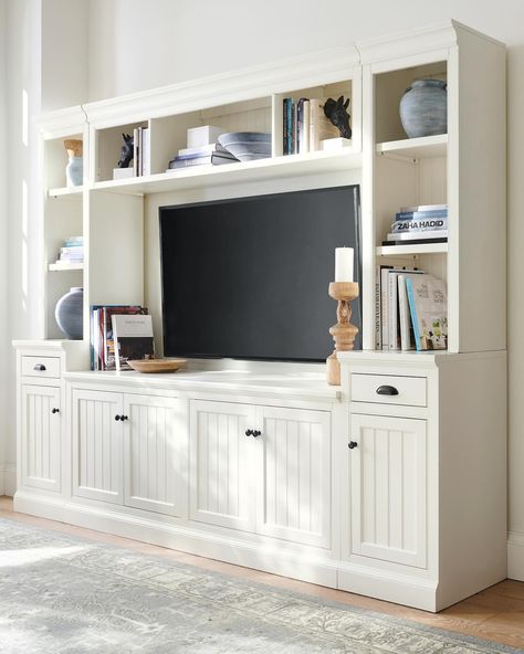 Beautiful and versatile, our best-selling Aubrey Collection comes in do-it-all designs that pull every room together. Swipe to see it styled 6 ways and tap to shop (while it’s on sale)! Pottery Barn Tv Stand, Entertainment Center For 75 Inch Tv, Modern Entertainment Center Ideas, Tv Entertainment Center Ideas, Media Center Ideas Living Rooms, Living Room Entertainment Center Ideas, Tv And Bookcase Wall, Entertainment Center With Fireplace, Entertainment Center Ideas