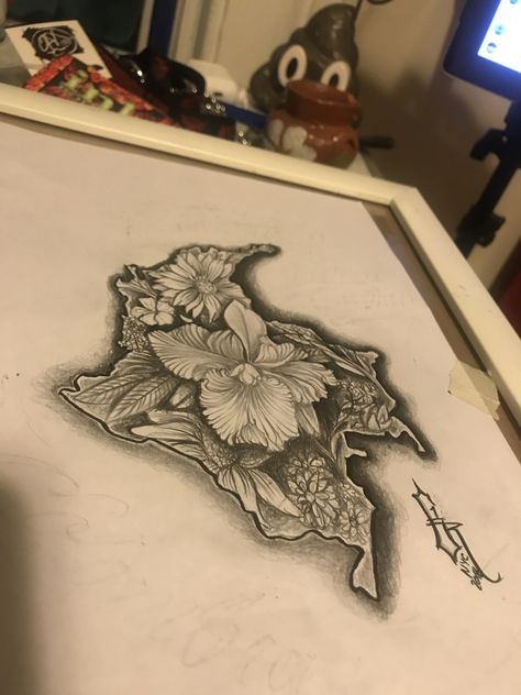 Colombian Art Tattoo, Colombian Heritage Tattoo, Colombian Orchid Tattoo, Colombian Flower Tattoo, Colombia Tattoo Ideas Men, Colombia Map Tattoo, Colombian Inspired Tattoo, Colombia Tattoo Ideas For Women, Colombian Tattoo Ideas Men