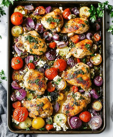 Greek Sheet Pan Chicken, Sheet Pan Chicken Recipe, Greek Sheet Pan, Thanksgiving Stuffing Recipe, Hamburger Potato Casserole, Dinner Suggestions, Sheet Pan Meals Chicken, Mediterranean Diet Recipes Dinners, Pan Chicken Recipes