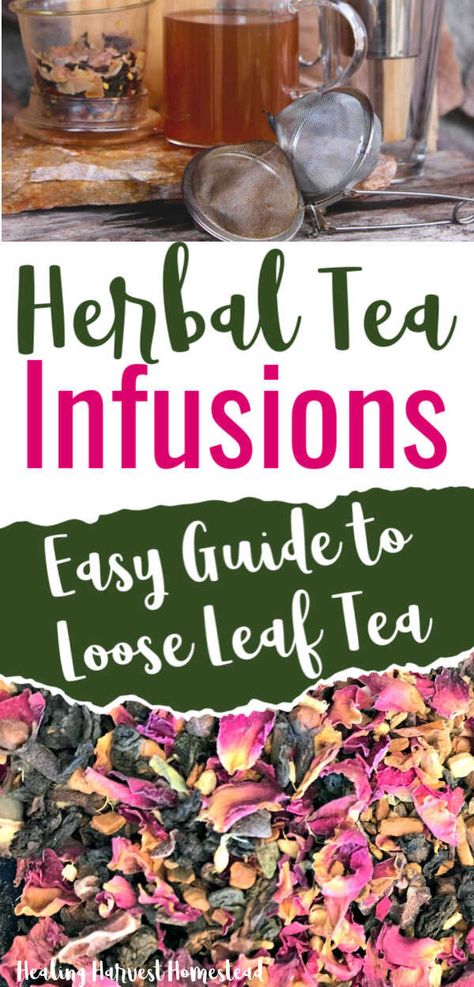 Do you wonder how to make loose leaf tea? It’s not hard at all, and makes the BEST tea ever. Lose that store-bought stale box tea from the grocery store and use loose leaf herbal teas instead! You’ll never go back. Find out how long to steep tea, how to infuse large amounts, and more! #looseleaftea #howtomake #infusers #howtobrew #forbeginners #steeping #recipe Loose Leaf Tea Infusers Cute, Lose Tea Blends, Steep Tea How To, Morning Herbal Tea Blend, Loose Leaf Tea Infusers, Herbal Tea Mix Recipes, Loose Leaf Tea Blends Recipes, How To Make Herbal Tea, Herbal Infusions Recipes