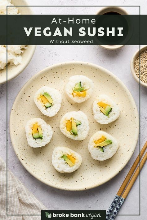 Sushi without seaweed might sound unconventional, but it's a delicious twist on traditional sushi rolls, especially if you don’t like nori! This recipe simplifies the process even further by using fresh ingredients like mango, cucumber, and avocado. Sushi Without Nori, Sushi Without Seaweed, Instant Pot Sushi Rice, Traditional Sushi, Gluten Free Mug Cake, Sushi Rice Recipes, Vegan Breakfast Casserole, Sushi Platter, Vegan Fish