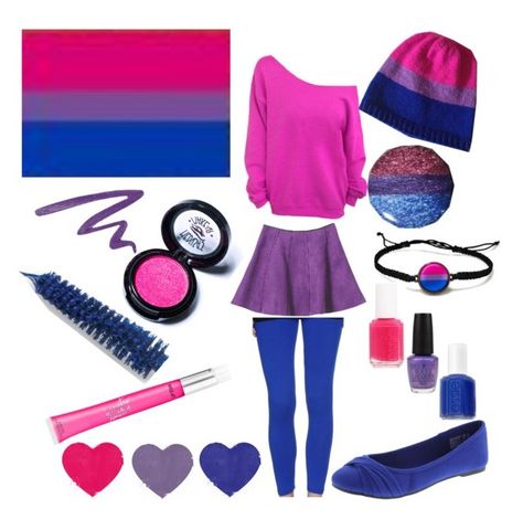 "Bi Pride Flag Inspired Outfit" by outcast-and-proud ❤ liked on Polyvore featuring moda, Hanny Deep, Vincent Longo, Medusa's Makeup, Dr.Hauschka, Victoria's Secret, Essie, OPI, pride e bisexual Bisexual Fashion, Pride Outfit Ideas, Lgbtq Outfit, Pride Parade Outfit, Gay Outfits, Lgbtq Clothing, Bisexual Pride Flag, Bisexual Flag, Flag Outfit