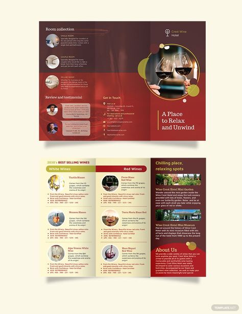 Wine Country Hotel Tri-Fold Brochure Template Country Brochure, Wine Brochures, Brochure Sample, Brochure Food, Travel Brochure Template, Country Hotel, Bi Fold Brochure, Brochure Design Inspiration, Trifold Brochure Template