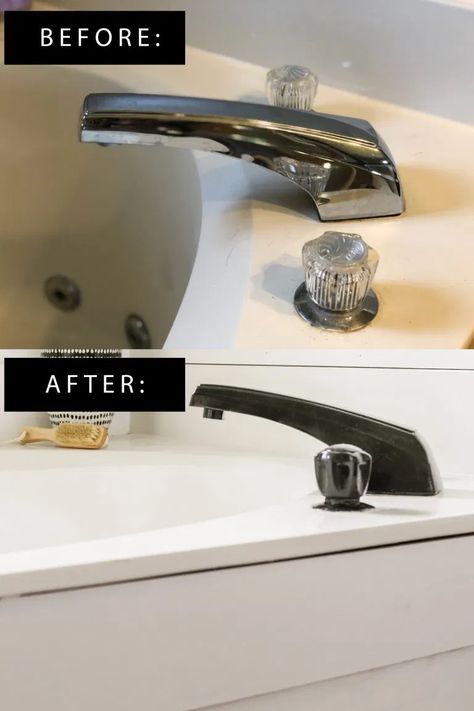 How to Paint a BathTub Filler without removing the plumbing fixtures. No tedious prep required.  Beautiful DIY faucet transformation for under $15.  #diy #bathroomremodel #diyhomeimprovement Diy Faucet, Painting Bathtub, Bathtub Spout, Bathtub Filler, Home Decor Traditional, Cottage Home Decor, Blogger Home, Matte Black Hardware, Modern Farmhouse Bathroom