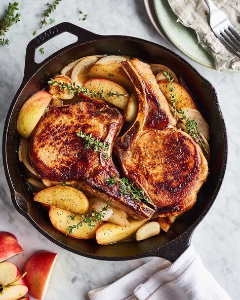 Easy Skillet Pork Chops with Apples | Kitchn Apple Pork Chop Recipes, Pork Chops And Apples, Low Carb Pork Chops, Pork Chops And Applesauce, Pork Chops With Apples, Pork Loin Ribs, Perfect Pork Chops, Skillet Pork Chops, Low Carb Pork