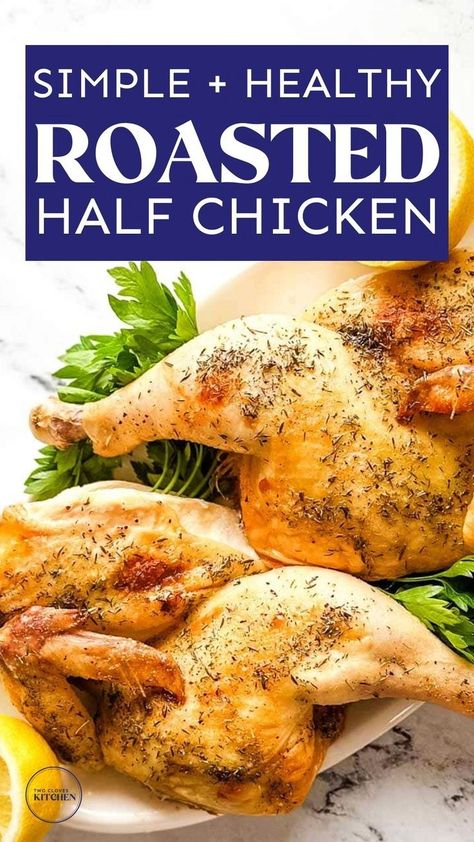 Easy roasted half chicken in the oven for a yummy dinner recipe or main dish idea! This roasted half chicken recipe creates the most delicious, golden brown, juicy result you've ever tasted. It has crisp skin lightly seasoned with garlic and thyme and tender, succulent meat. Best of all, this half roasted chicken is elegant enough for a special occasion but easy enough for a stress-free weeknight meal. Recipe uses simple seasoning for an amazing roasted half chicken! Roasted Chicken Quarters, Cast Iron Chicken Recipes, Roast Half Chicken, Chicken Recipes Dinner, Chicken In The Oven, Chicken Quarters, Oven Chicken Recipes, Half Chicken, Good Roasts