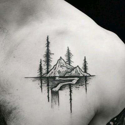 By #ThomasEckeard #mountains #forest #trees #landscape #river Tattoo Back Women, Small Nature Tattoo, Natur Tattoo Arm, Camping Tattoo, Tattoo Ideas Males, Tatuagem Masculina Pequena, Tier Tattoo, Nature Tattoo Sleeve, Small Chest Tattoos