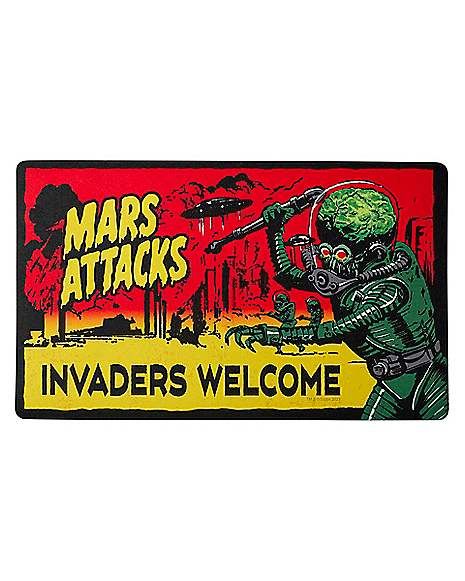 Invaders Welcome Doormat - Mars Attacks! - Spirithalloween.com Disney Baby Costumes, Creepy Home Decor, Halloween Doormat, Spider Web Decoration, Book Character Costumes, Mars Attacks, Funny Patches, Movie Decor, Horror Costume