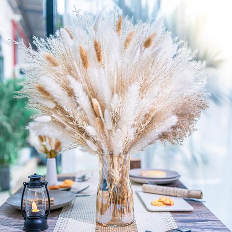 PRICES MAY VARY. ✔️Our from farm have carefully selected for you natural 6 kinds 95pcs dried pampas grass and dried flowers mix bouqet,The timeless and classic look of pampas grass will never go out of style,you can get creative with the many ways you can incorporate pampas grass into your home, from wall hangings to table centerpieces,Bring a touch of natural beauty into your home. ✔️Fits any vase,Pampas grass makes it easy to mix and match with other decorative elements,the feathery and delica Amazon Wedding Decor, Country Wedding Centerpieces, Grass Centerpiece, Blue Table Settings, Wedding Decor Rustic, Natural Bouquet, Table Decor Wedding, Natural Dried Flowers, Grass Decor