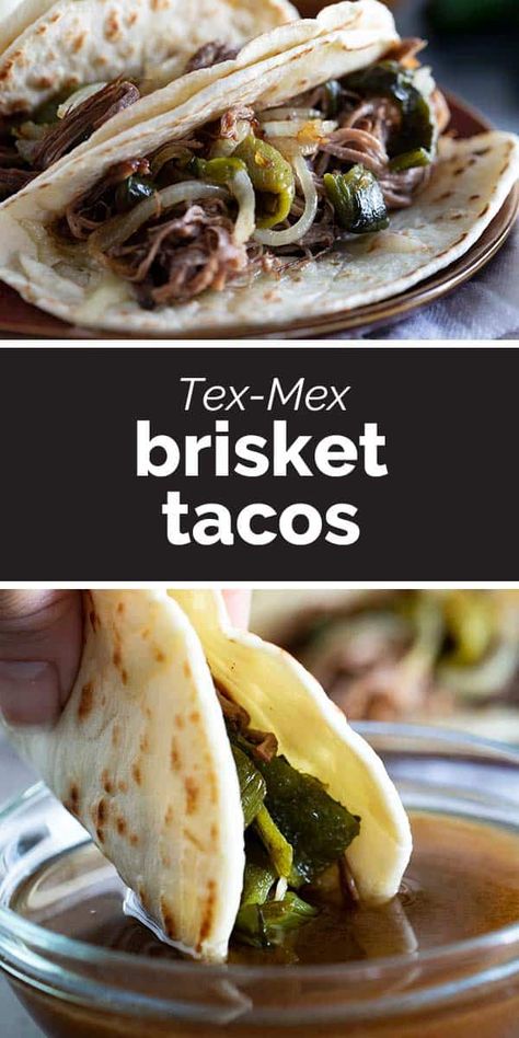 The ultimate Tex-Mex tacos, beef brisket is slow cooked and served on tortillas with cheese and sautéed onions and peppers, then served alongside the pan juices for dipping. These tacos are simply unforgettable! Brisket Tacos Recipe, Beef Brisket Tacos, Taco Recipes Mexican, Mexican Salsa Recipes, Taste And Tell, Sautéed Onions, Brisket Tacos, Homemade Flour Tortillas, Crock Pot Tacos