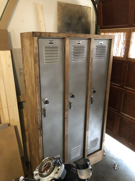 Refinished lockers w/ wood Vintage Lockers Ideas For Home, Locker Makeover Metal, Metal Lockers Repurposed, Farmhouse Lockers, Locker Upcycle, Metal Lockers Ideas For Home, Lockers Repurposed, Lockers Ideas For Home, Basement Craft Rooms