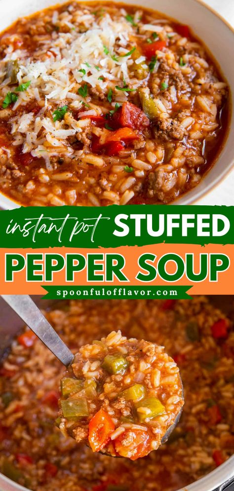 If you love stuffed peppers, then you’re going to love this comforting Instant Pot Stuffed Pepper Soup. It’s easy to make for dinner and tastes great as leftovers. No need to spend time stuffing peppers! Instapot Recipes Soup, Soups Instant Pot Recipes, Stuffed Pepper Instant Pot, Stuffed Pepper Stew, Easy Instant Pot Recipes Soup, Homemade Soup Instant Pot, Soups In Instant Pot, Green Pepper Recipes Instant Pot, Stuffed Peppers Instant Pot