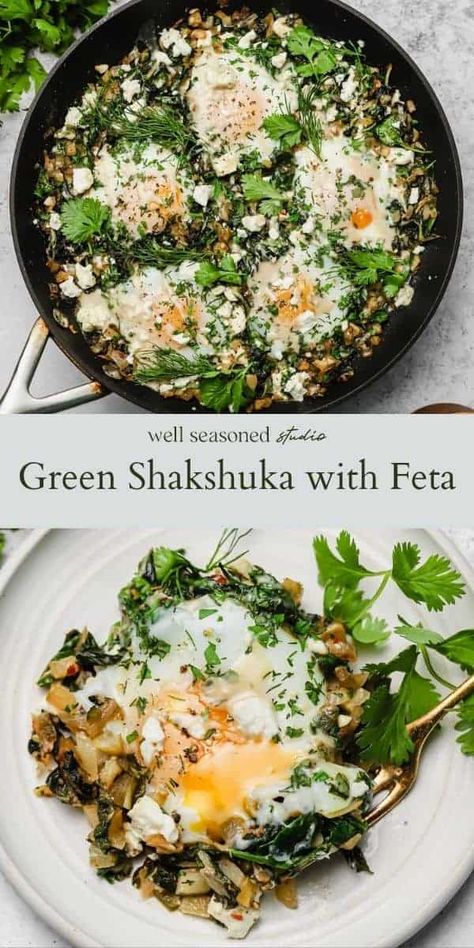 Green shakshuka with feta is a twist on the Middle Eastern classic! It's a healthy, easy breakfast, loaded with Swiss chard, spinach, fresh herbs and spices, and gently poached eggs. It is so completely soul satisfying that you will make this again and again, any time of day! #wellseasonedstudio #shakshuka #green #greenshakshuka #feta #fetacheese #eggs #poachedeggs #israeli #middleeastern #shakshukaphotography #photography #styling #shakshukastyling #cilantro #dill #parsley #zaatar #... Shakshuka Eggs, Shakshuka With Feta, Green Shakshuka, Vegetarian Brunch, Shakshuka Recipes, Power Breakfast, Paleo Recipes Breakfast, Green Eating, Veggie Food