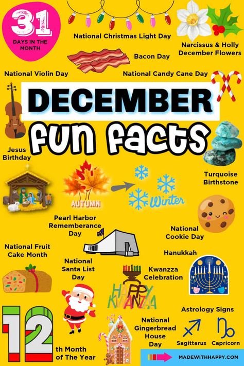 Pearl Harbor Day, Saints For Kids, Silly Holidays, Bacon Day, Holiday Facts, Fun Facts For Kids, December Activities, Month Of December, Winter Words