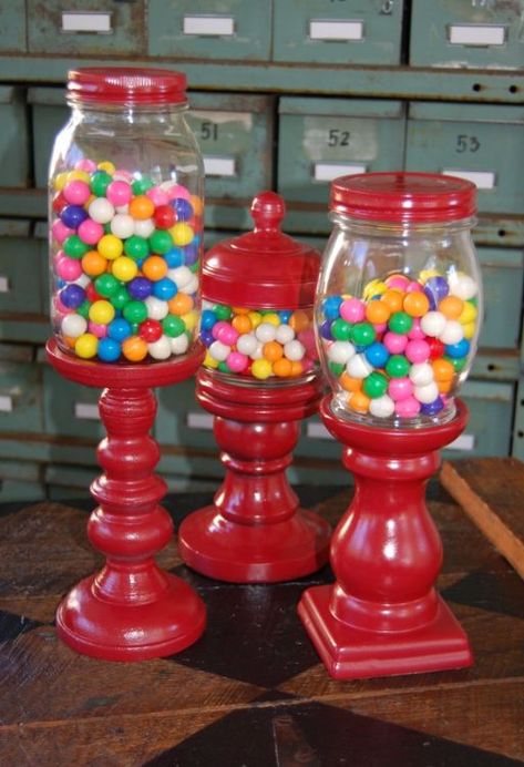 Upcycled Thrift Store Finds, Recycle Jars, Upcycle Glass Jars, Gumball Machines, Clay Pot Crafts, Glass Mason Jars, Jar Diy, Gumball Machine, Jar Gifts