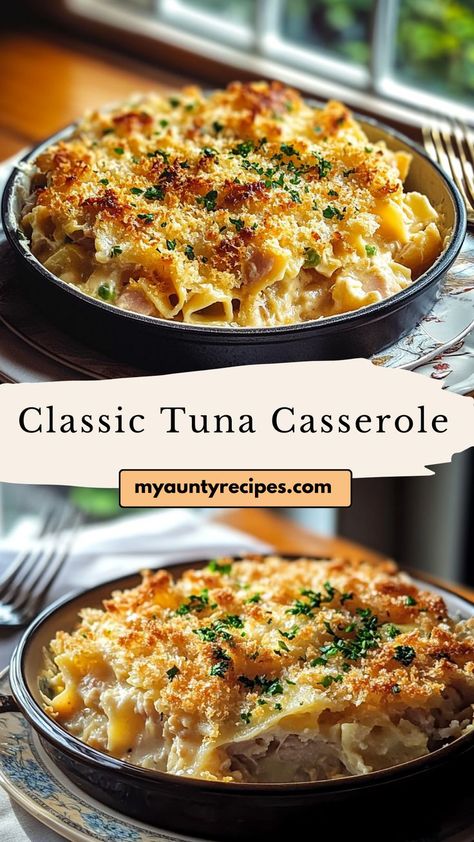 Make dinner simple and delicious with our Easy Classic Tuna Casserole Recipe! This creamy casserole combines tender pasta, tuna, and a rich cheese sauce, topped with crunchy breadcrumbs for the perfect texture. It’s a quick, hearty meal that’s great for weeknights or meal prep. Full of classic flavors, this dish is sure to be a family favorite! Tuna Casserole Recipes No Soup, Tuna Dishes Dinners, Dinner Recipes With Tuna, Easy Tuna Casserole Simple, Tuna Skillet Recipes, Tina Casserole, Best Tuna Casserole Recipe, Tuna And Pasta Recipes, Tuna Casserole Recipes Easy