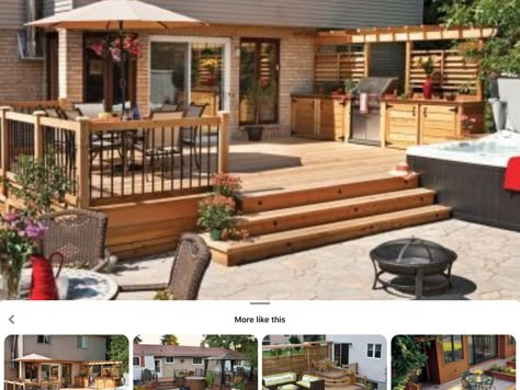 Wooden Patio, Two Level Deck With Hot Tub, Cedar Hot Tub Deck, Ground Level Deck With Hot Tub, Two Tier Deck With Hot Tub, Multilevel Deck With Hot Tub, Modern Pergola Designs, Pergola Design, Modern Pergola