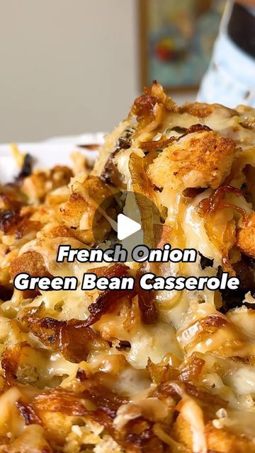 Erin Clarke | Easy Healthy Recipes on Instagram: "FRENCH ONION GREEN BEAN CASSEROLE! Think crispy onions are the best part of GB casserole? Just wait till you try them CARAMELIZED with Gruyère cheese and a buttery crouton topping!  Comment “FRENCH” for the recipe! SAVE this post if you’re making a Thanksgiving side!  FULL RECIPE below, or grab it right away at the link in my bio.  Take everything you love about classic green bean casserole, and give it a cozy, French onion soup twist. It’s an elevated version of the traditional Thanksgiving side dish that you must try this year!  YOU’LL NEED: -4 medium yellow onions, thinly sliced -5 T unsalted butter, divided -2 tsp kosher salt, divided -1 tsp black pepper, divided -2 ½ lbs green beans, trimmed and cut into 1 1/2-inch pieces -8 oz baby be Green Bean Casserole With French Style, Carmelized Onion Green Bean Casserole, Diy Green Bean Casserole, Green Bean Casserole With Gruyere Cheese, Ina Garten Green Bean Casserole, Thanksgiving Side Veggie Dishes, Original French’s Green Bean Casserole, Thanksgiving Green Beans Side Dishes, French Onion Green Bean Casserole