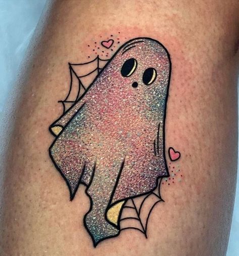 Halloween Glitter Tattoo, Glitter Ghost Tattoo, Glitter Tattoo Designs, Friend Halloween Tattoos, Spooky Season Tattoos, Glitter Style Tattoo, Girly Halloween Tattoos, Ghostie Tattoo, Glitter Tattoo Permanent