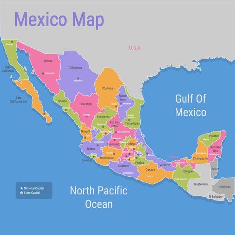 Colorful Mexico Map with Surrounding Borders Map Of Mexico, Borders Free, Mexico Map, States And Capitals, Vision Board Images, México City, School Notes, Mexico Travel, Travel Itinerary