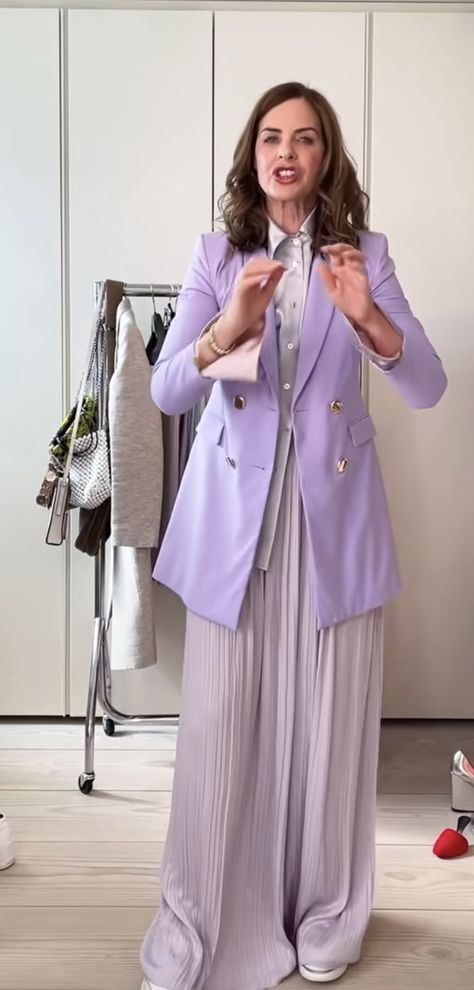 Grey And Lilac Outfit, Lilac Shirt Outfits, Camel Blazer, Color Coordination, Lavender Dresses, Gray Shirt, Autumn Outfits, Lilac Dress, Green Outfit