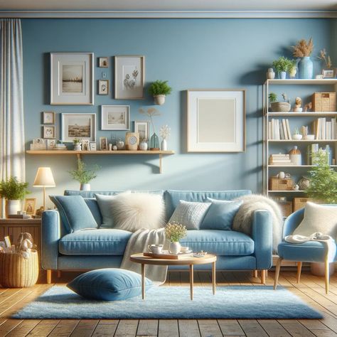 blue couch with light blue walls Light Blue Sofa Decor, Living Room Light Blue Sofa, Shades Of Blue Living Room, Pale Blue Couch, Light Blue Couch Living Room, Sky Blue Living Room, Light Blue Couch, Blue Accent Wall Living Room, Light Blue Couches