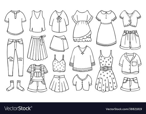 Clothes Doodles Easy, Summer Clothes Drawing, Clothes For Summer Coloring, Clothes Doodle, Emphasis Art Drawing Easy, Clothing Doodles, Doodle Fashion Illustrations, Dress Doodle, Clothes Vector Illustration